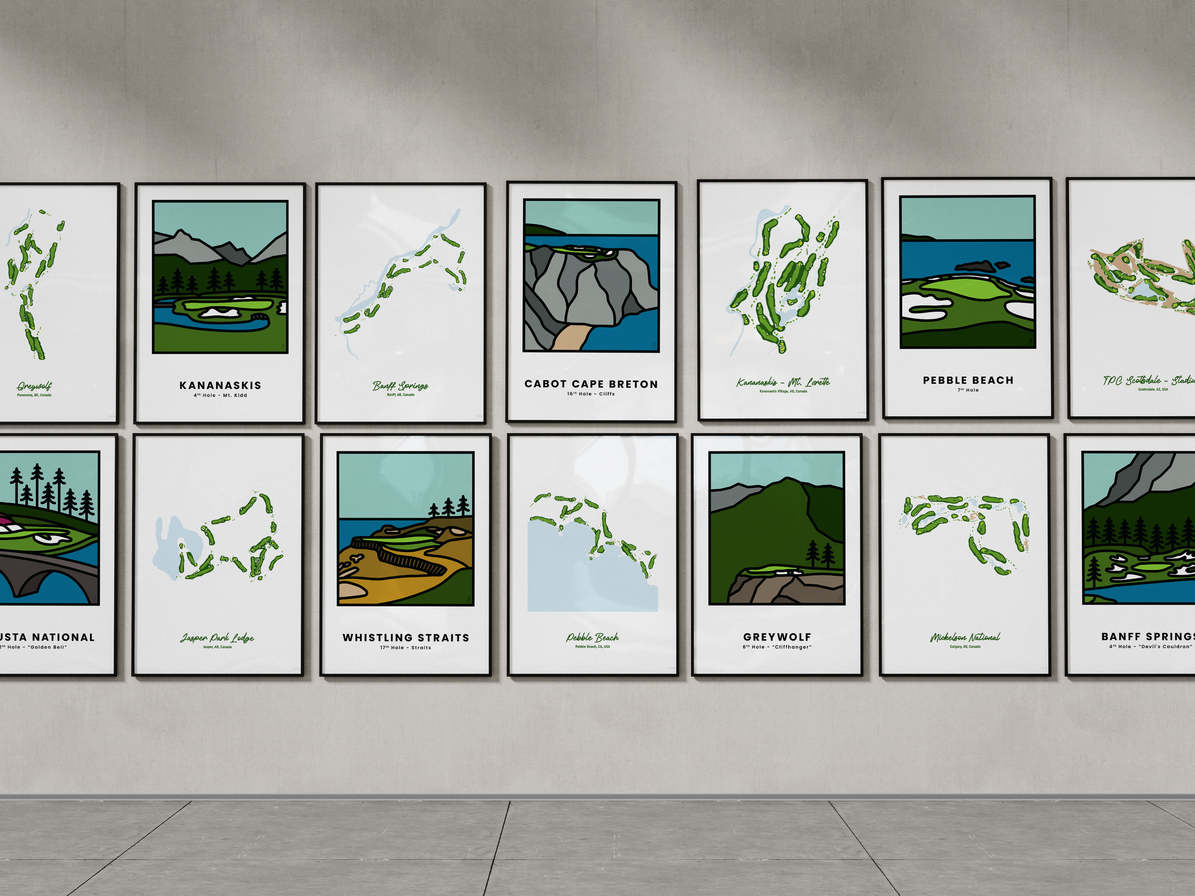 Framed golf art prints on a wall